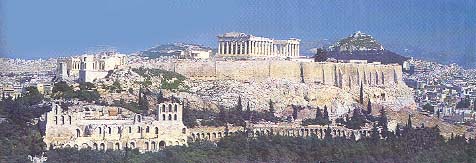 View of the Acropolis and Lykabettus Hill in the background in Athens.