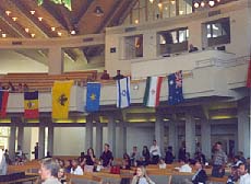 Pennant of Byzantium displayed at the Bel Air Presbyterian Church in Los Angeles, California in an international array of other flags.