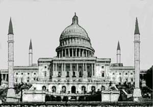 The US Capitol in Washington, DC encumbered with Moslem symbols in a pictorial representation of misguided Islamist geopolitical aspirations -- juxtaposed to the current condition of Hagia Sophia in Constantinople.