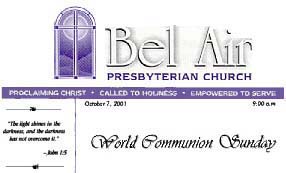 Logo of the Bel Air Presbyterian Church of Los Angeles, California, sponsor of the 'World Community Sunday' in October 2001.